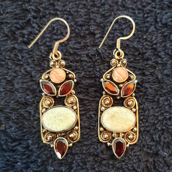 Victorian Genuine NATURAL Garnet, Rhodolite & Variscite 925 Silver Earrings - Picture 13 of 14